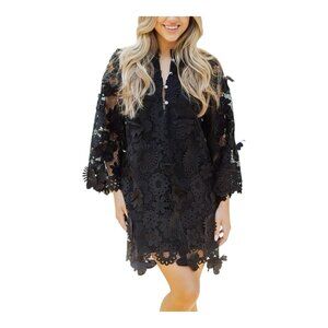 J.Marie The Seraphina Dress Small Long Sleeve Mesh Flower Applique Black NWT